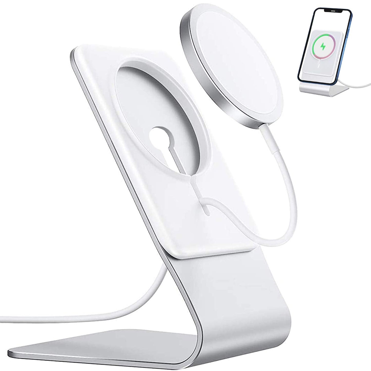 Aluminium charging stand with smartphone on a white background
