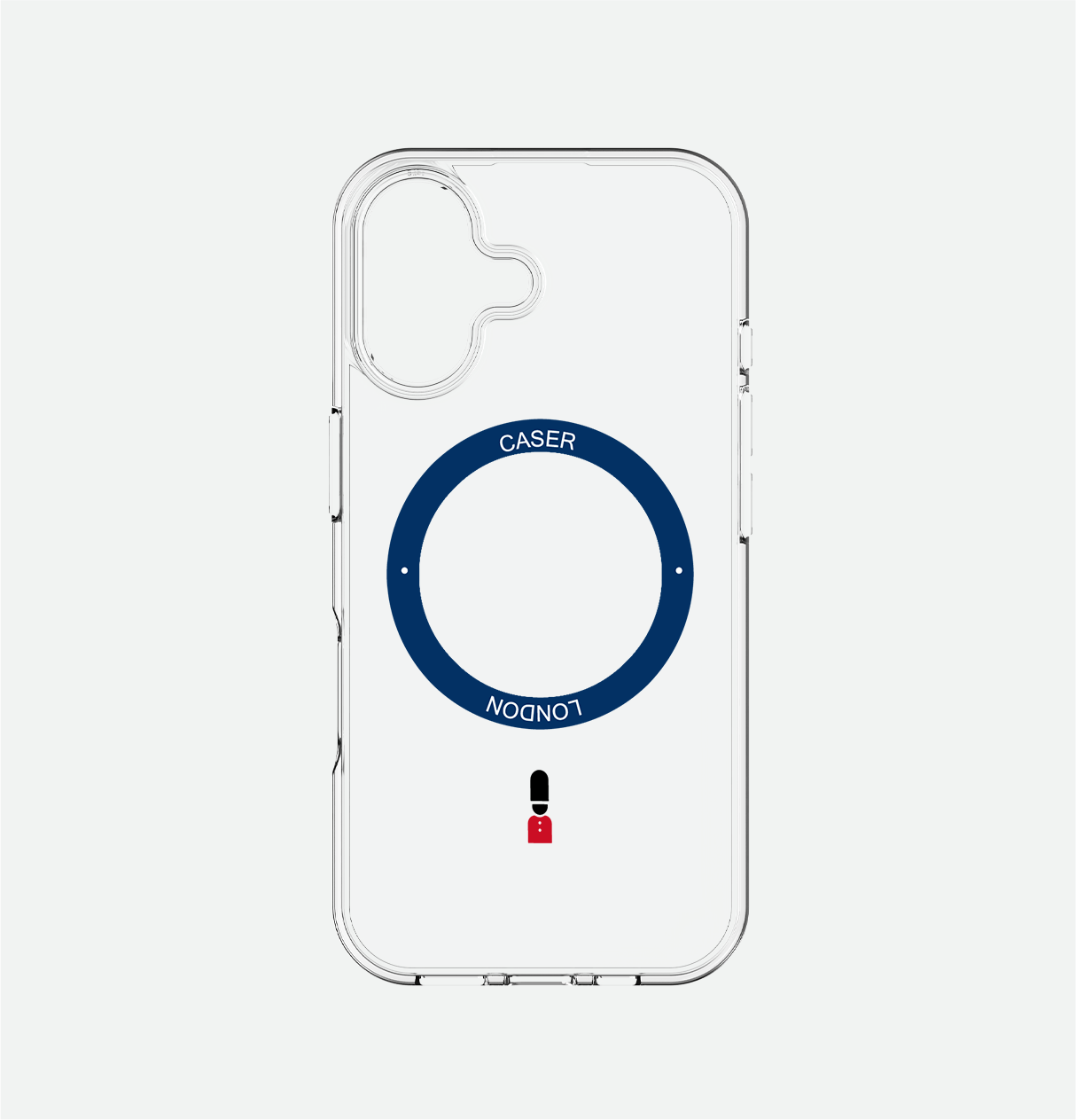 CASER LONDON clear apple iphone 16 case with guard icon and blue magsafe charging ring