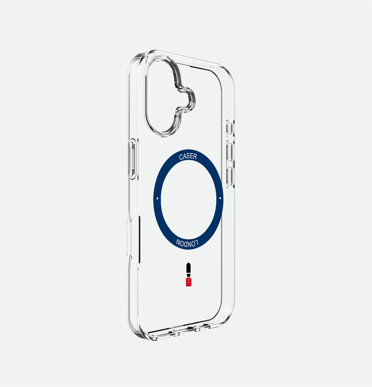 Clear apple iphone 16 case with guard icon and blue magsafe charging ring