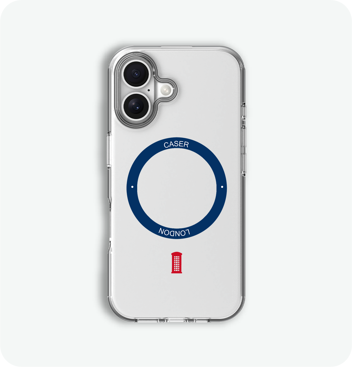 clear iphone 16 case with telephone box icon and royal blue magsafe charging ring on iPhone 16