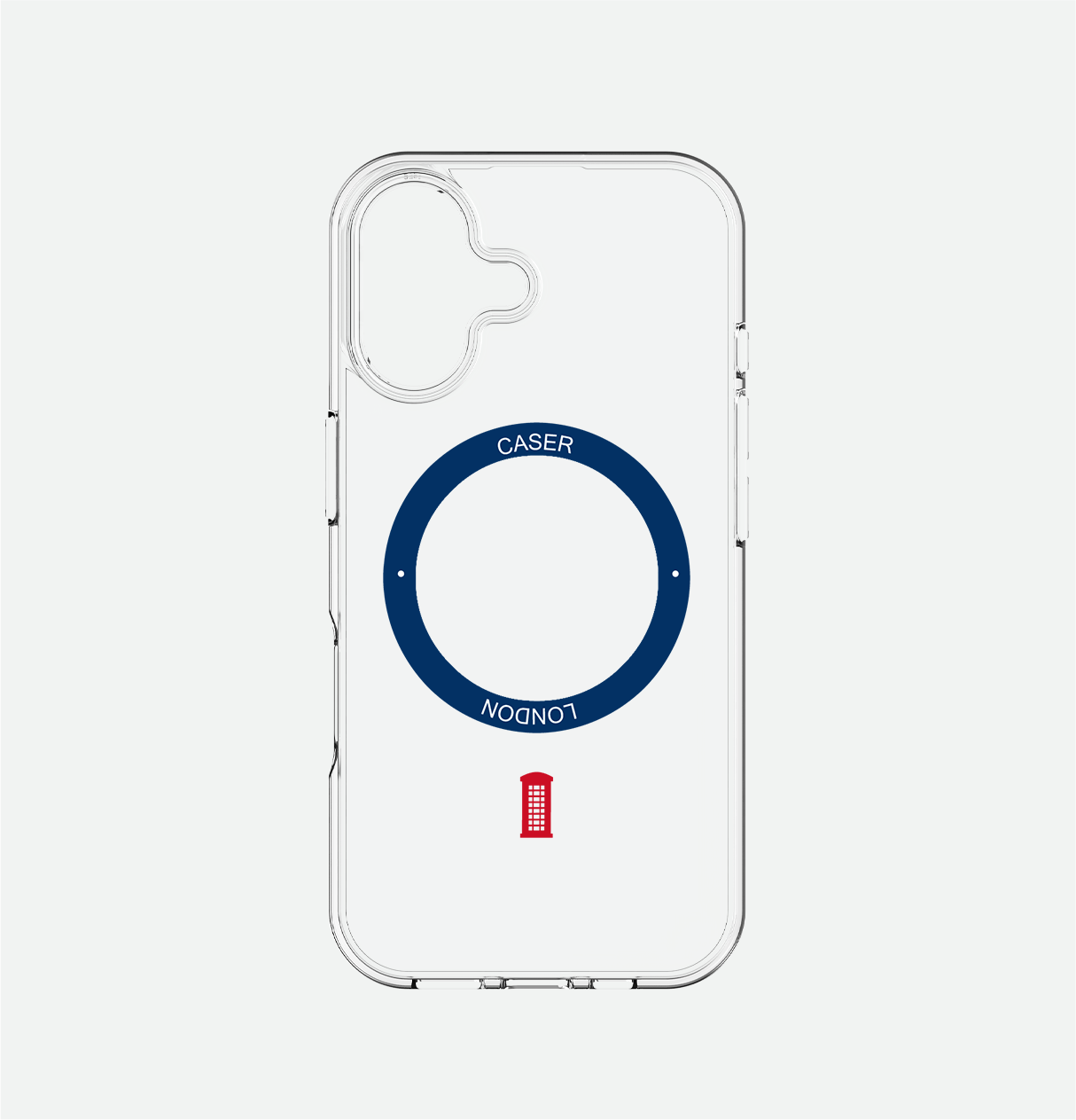 CASER LONDON clear iphone 16 case with telephone box icon and royal blue magsafe charging ring