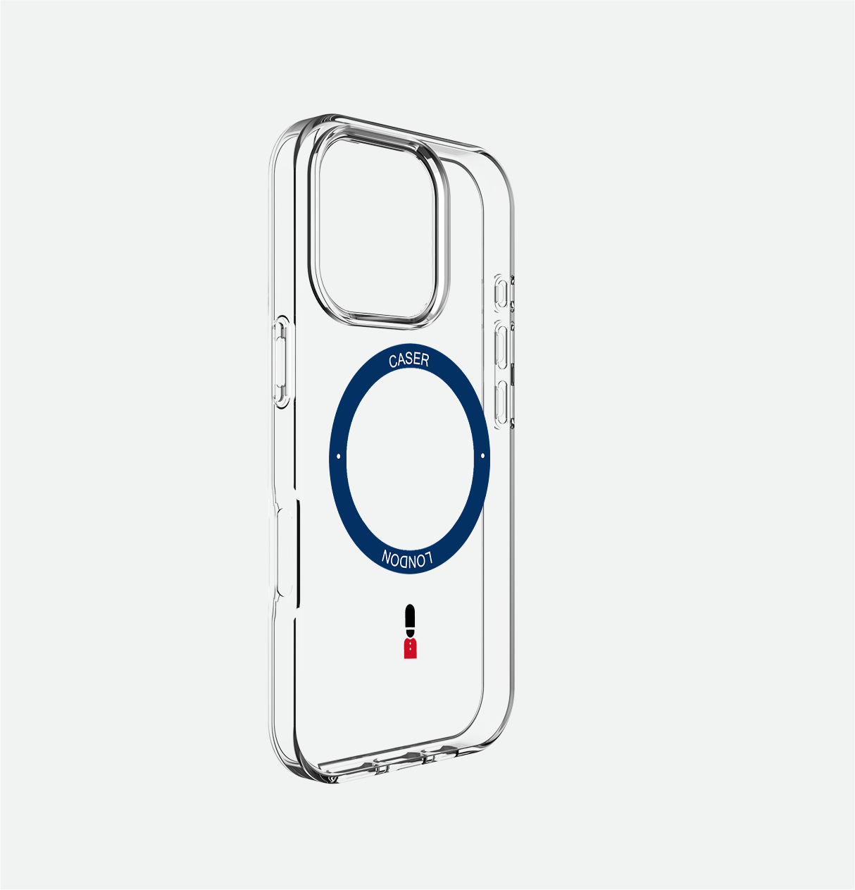Clear apple iphone 16 pro case with guard icon and blue magsafe charging ring