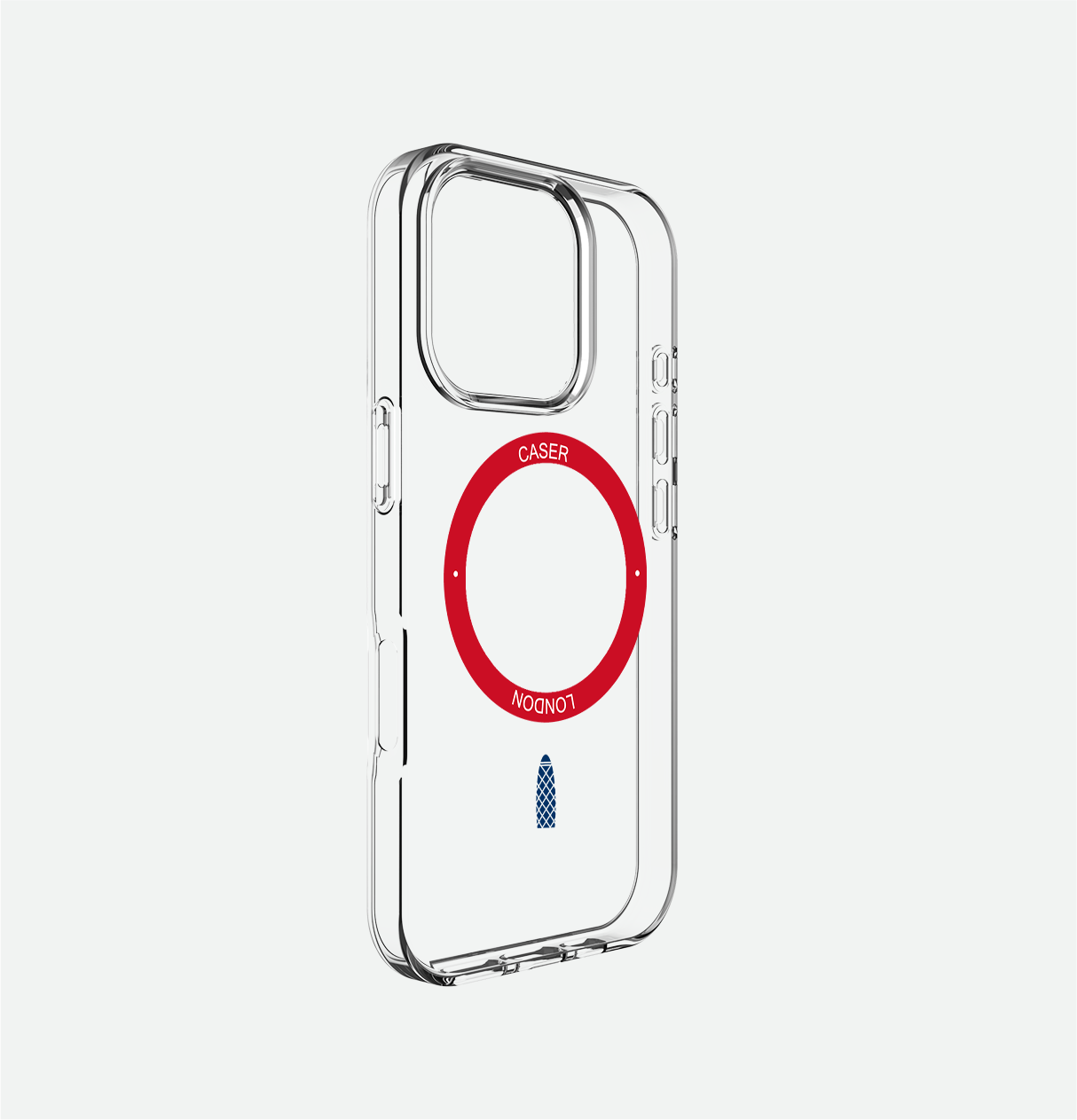 Clear apple iphone 16 pro case with skyline icon and red magsafe charging ring