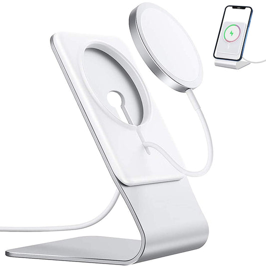 Aluminium charging stand with smartphone on a white background