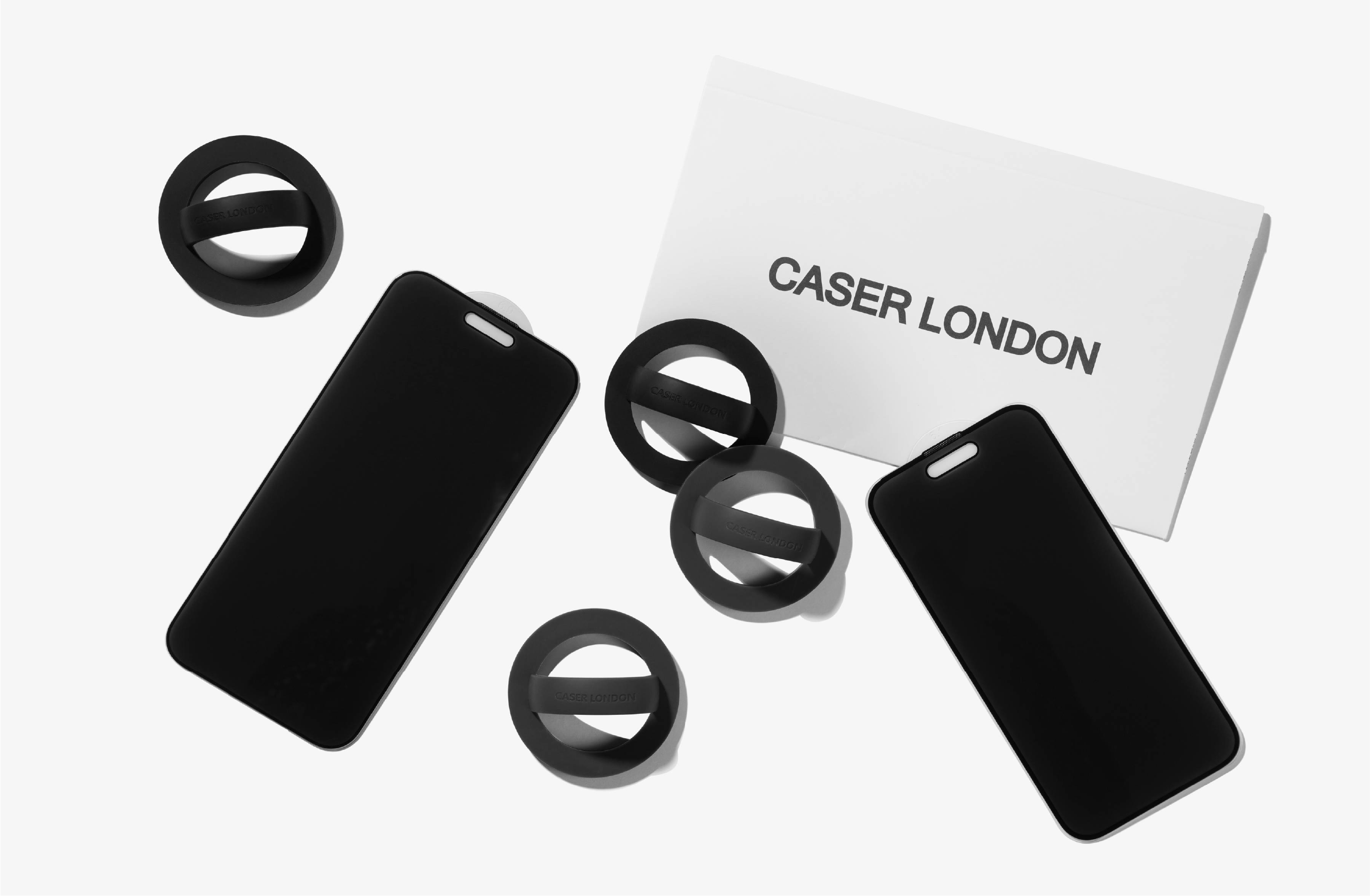CASER LONDON accessories including magnetic phone grib and premium privacy screen protector