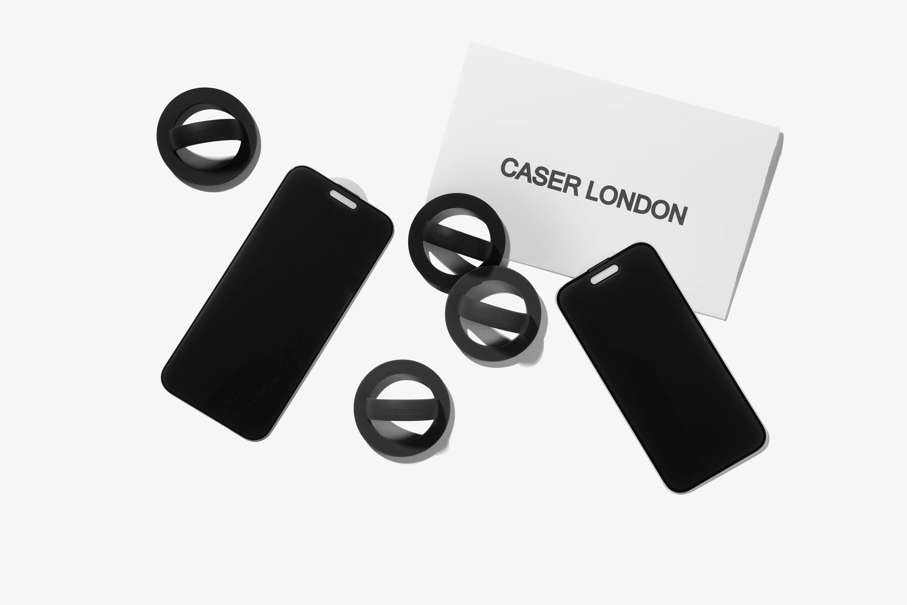 CASER LONDON accessories including magnetic phone grib and premium privacy screen protector