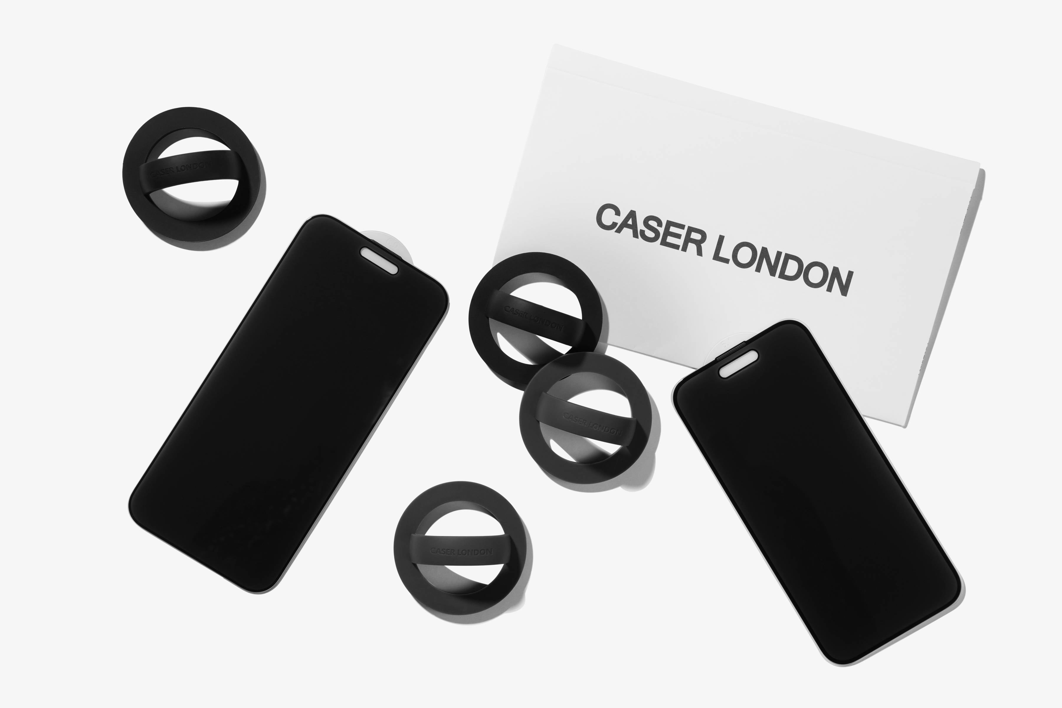 CASER LONDON accessories including magnetic phone grib and premium privacy screen protector
