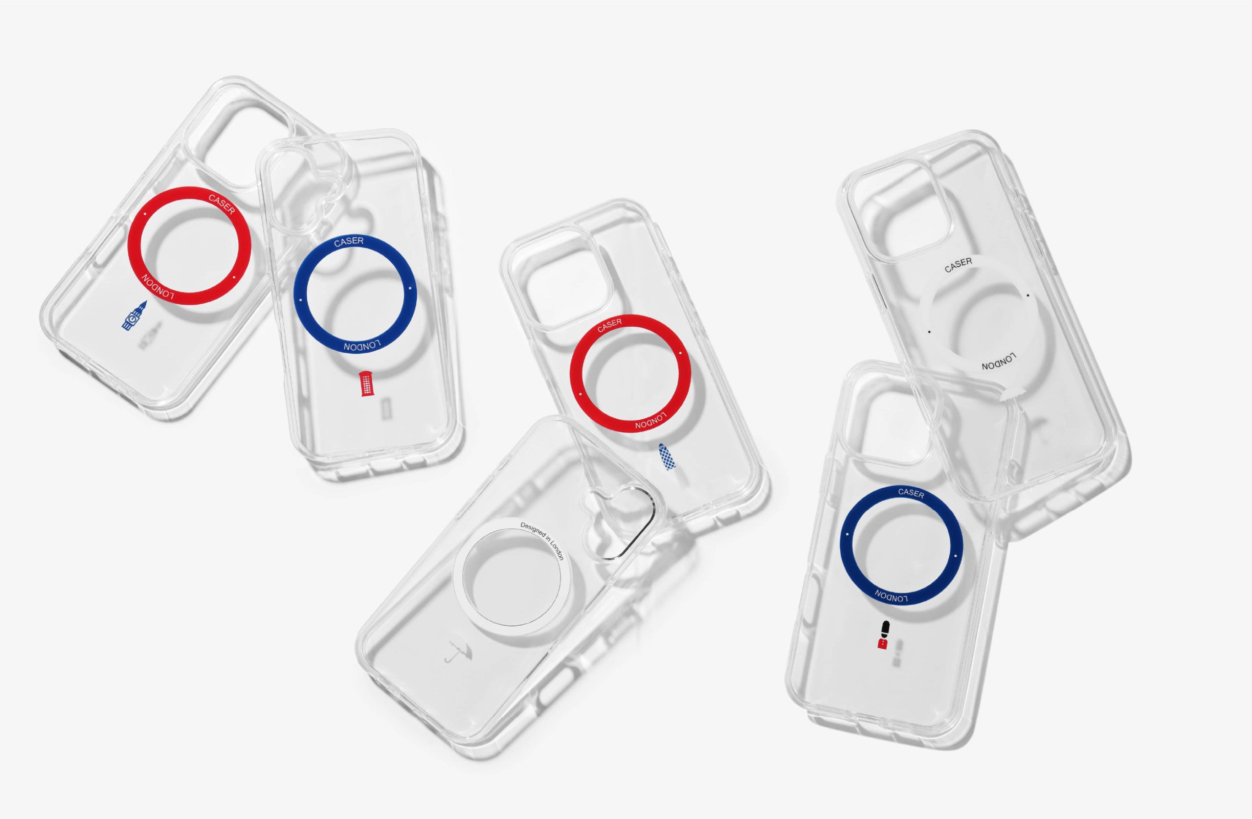 CASER LONDON iconic collection - clear iPhone cases with royal blue and red magsafe ring and unique iconic designs