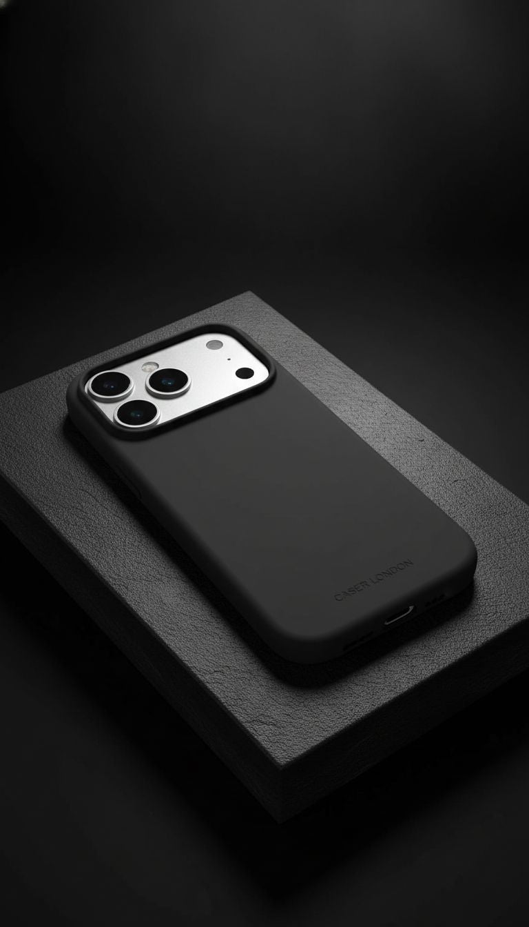 CASER LONDON the black classic case on iPhone 17 pro studio picture