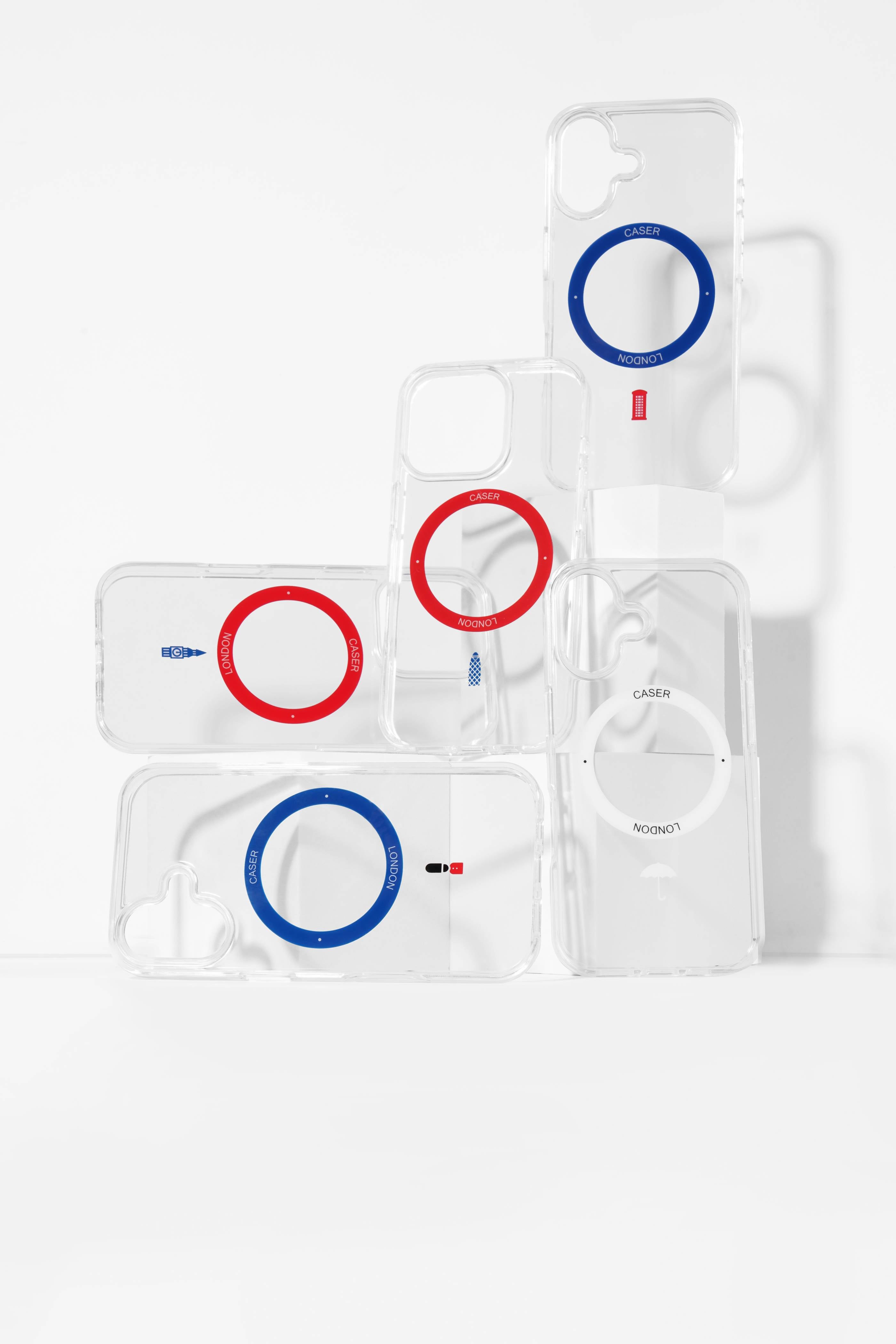 CASER LONDON iconic collection - clear iPhone cases with royal blue and red magsafe ring and unique iconic designs