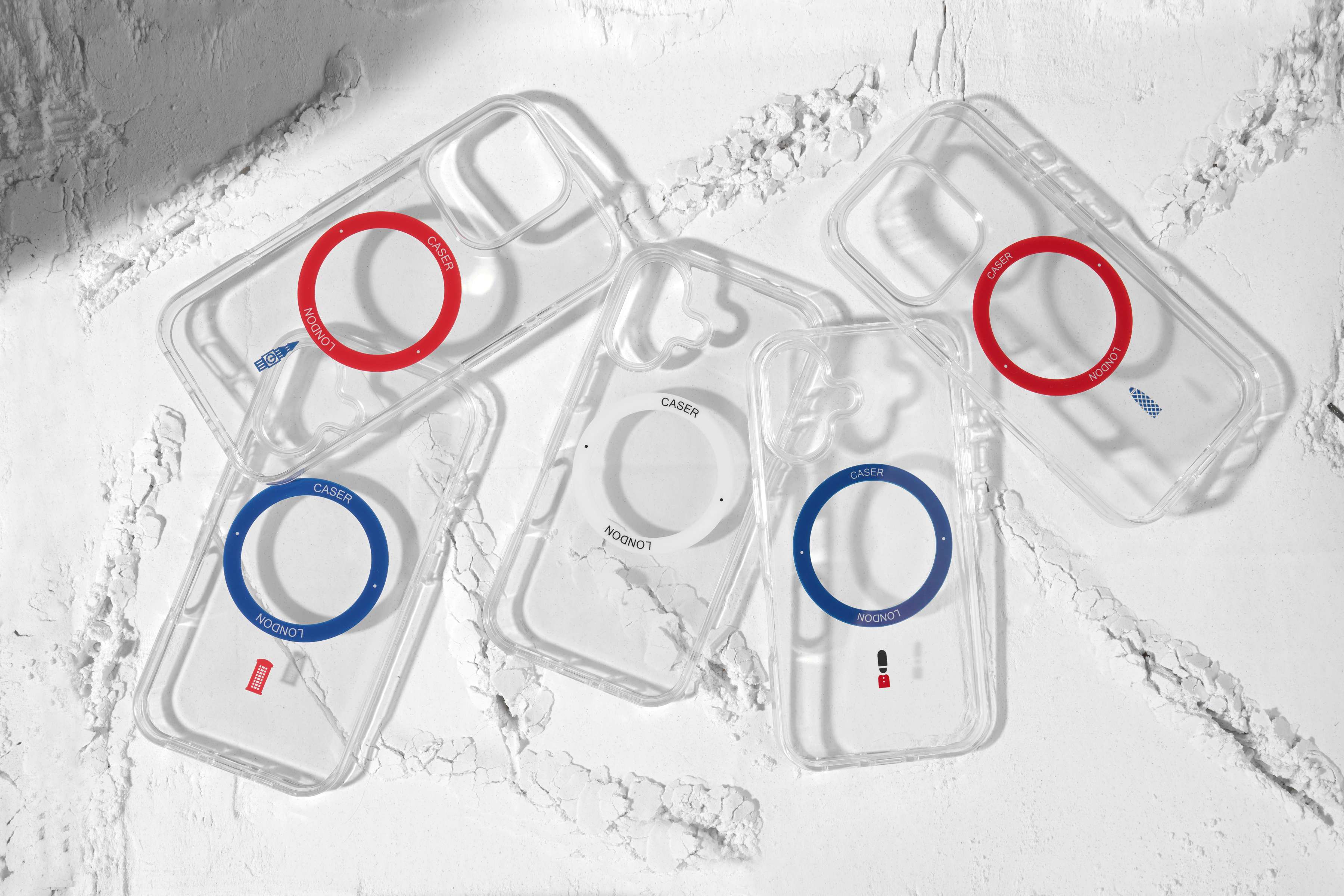 CASER LONDON the iconic collection - clear iPhone cases with royal blue and red magsafe ring and unique iconic designs