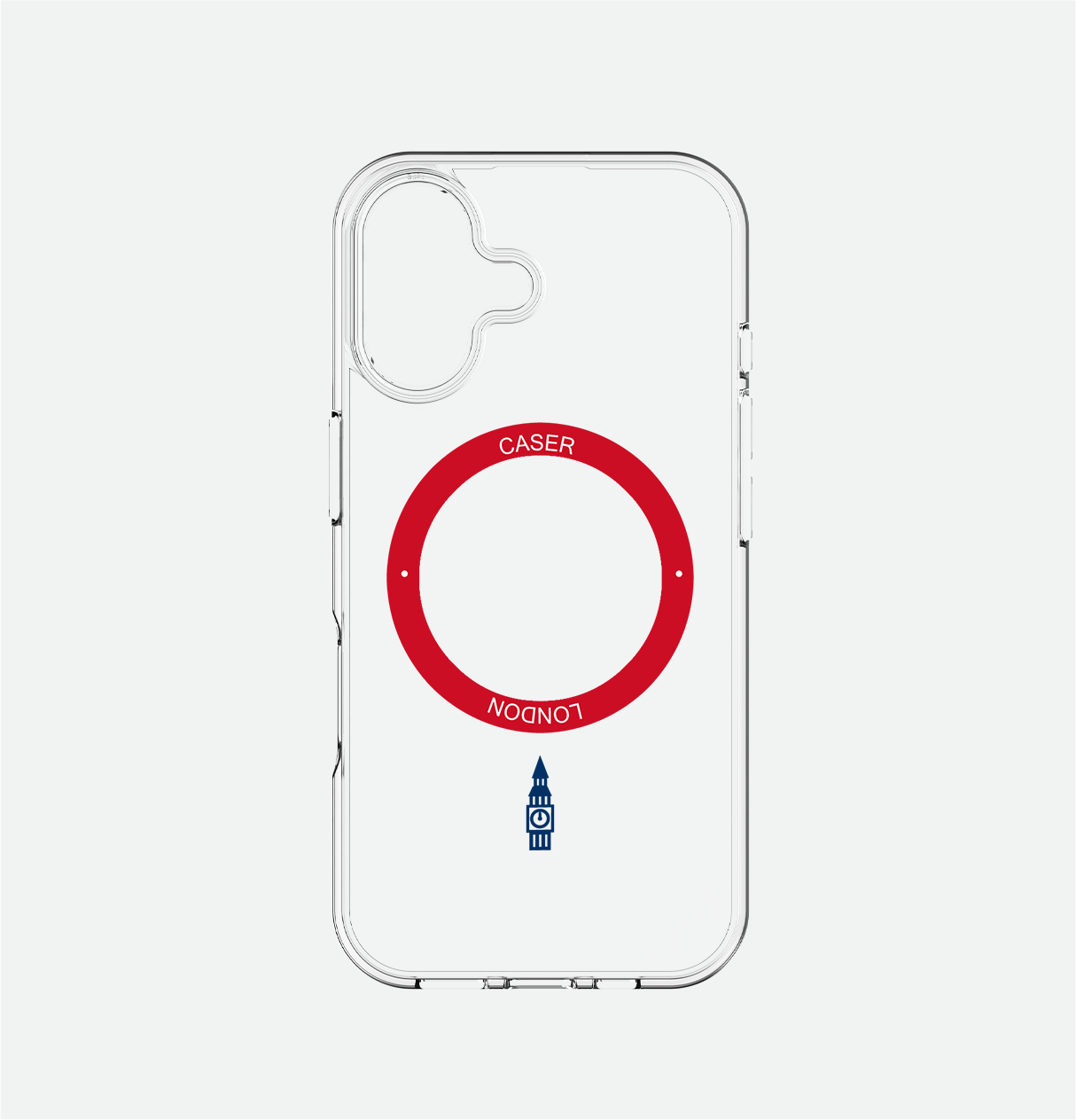CASER LONDON clear iphone 16 case with big ben icon and red magsafe charging ring 