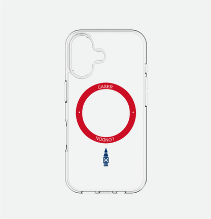 CASER LONDON clear iphone 16 case with big ben icon and red magsafe charging ring 