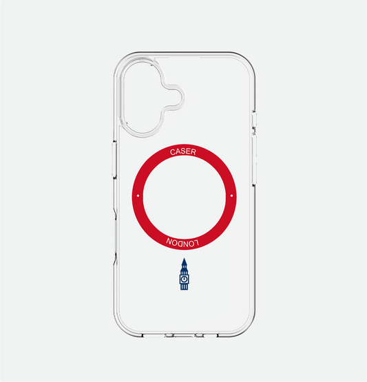 CASER LONDON clear iphone 16 case with big ben icon and red magsafe charging ring 