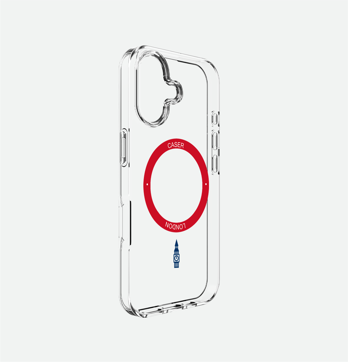Clear iphone 16 case with big ben icon and red magsafe charging ring 