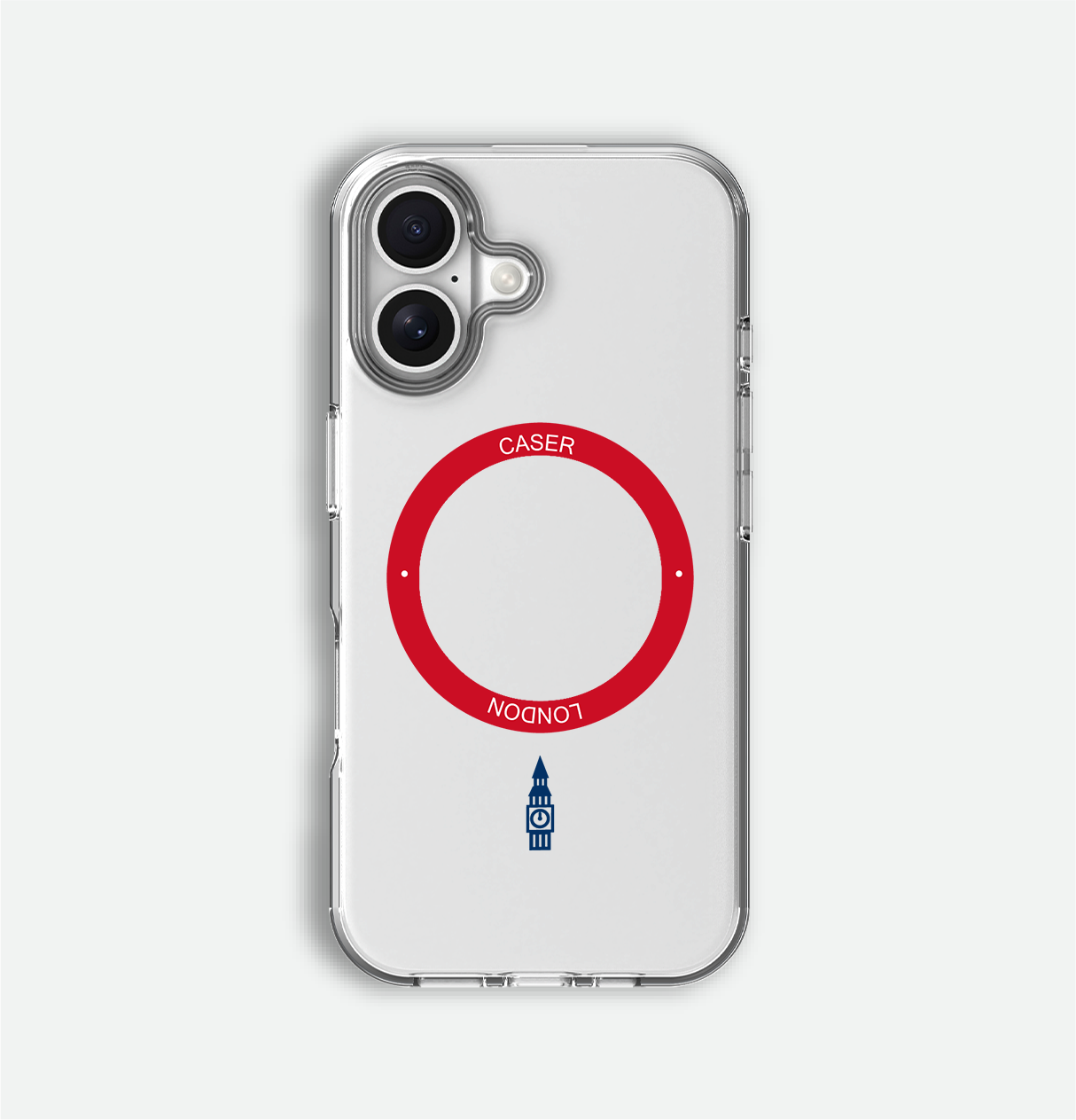 Clear iphone 16 case with big ben icon and red magsafe charging ring on iPhone 16