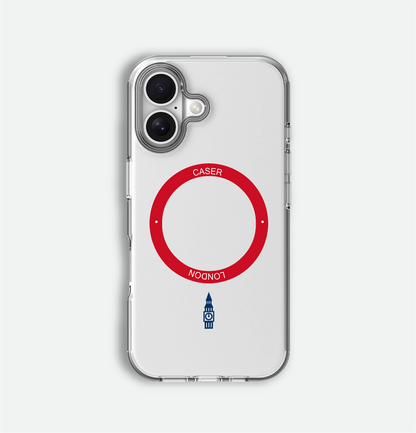 Clear iphone 16 case with big ben icon and red magsafe charging ring on iPhone 16