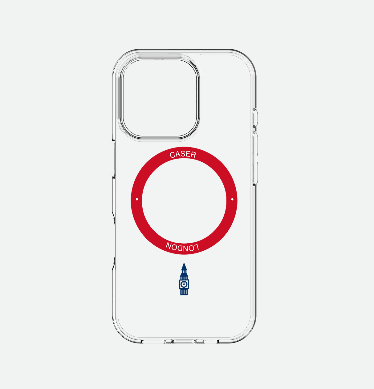 CASER LODNON clear iphone 16 pro case with big ben icon and red magsafe charging ring 