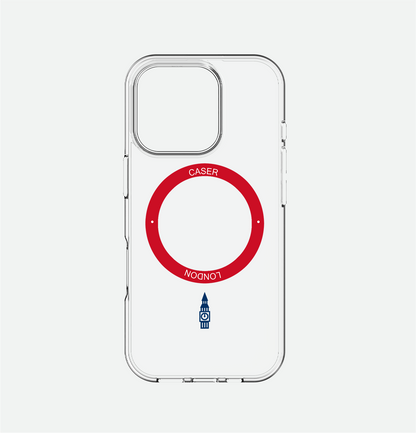 CASER LODNON clear iphone 16 pro case with big ben icon and red magsafe charging ring 