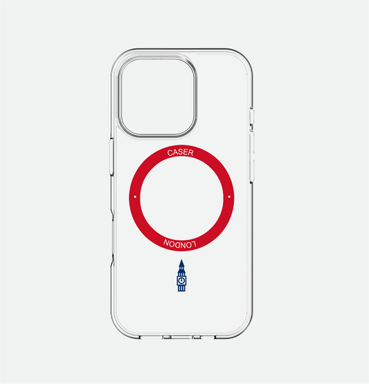 CASER LODNON clear iphone 16 pro case with big ben icon and red magsafe charging ring 