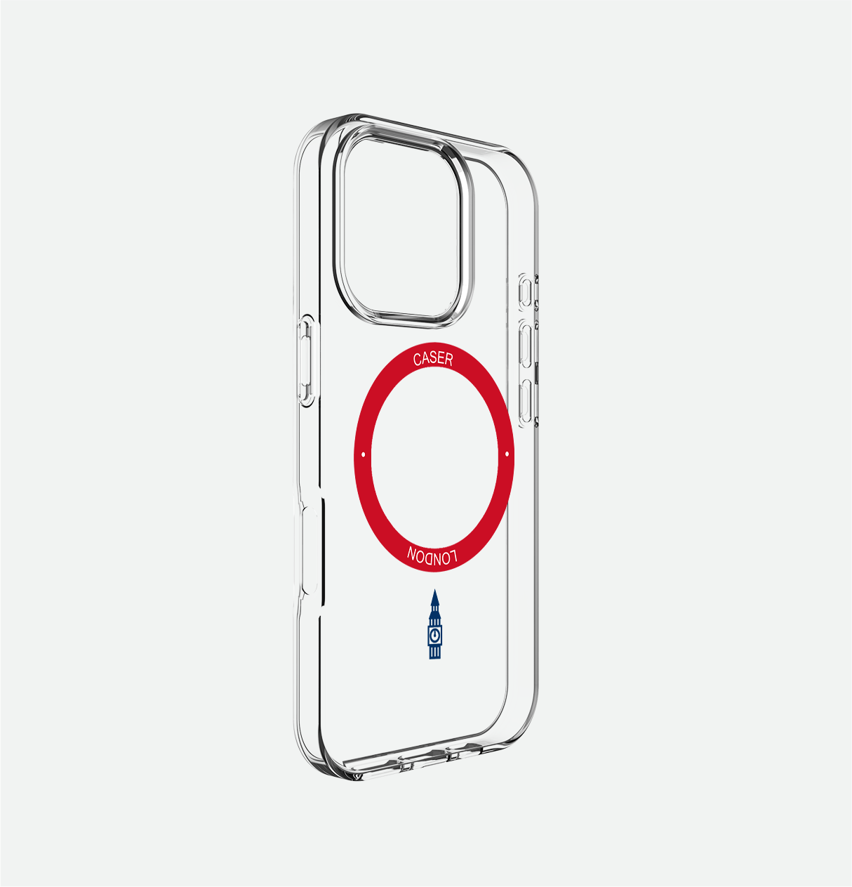 Clear iphone 16 pro case with big ben icon and red magsafe charging ring 