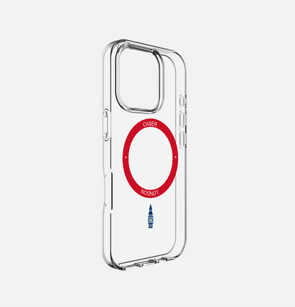 Clear iphone 16 pro case with big ben icon and red magsafe charging ring 