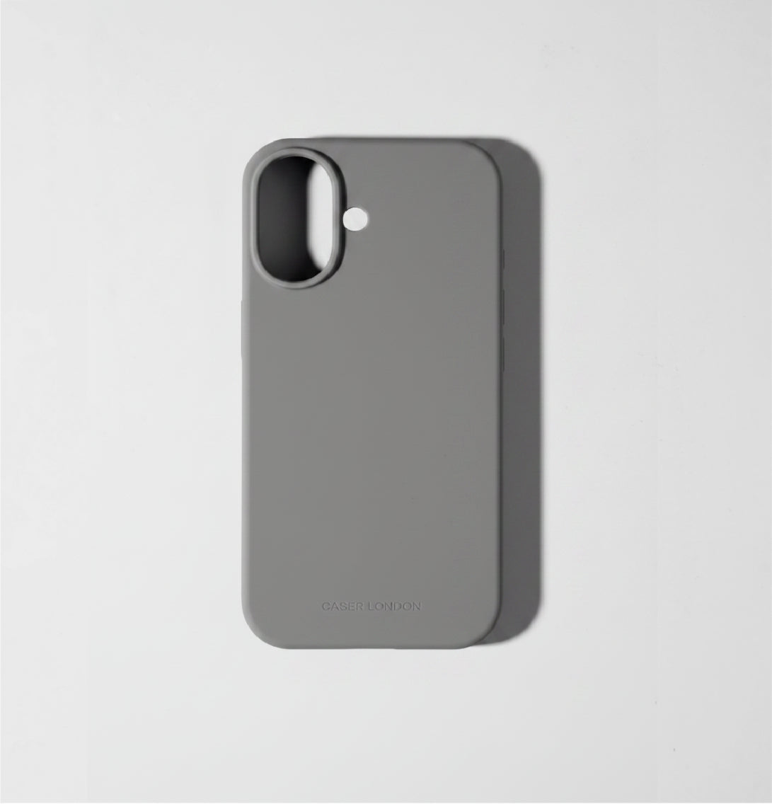 Grey liquid silicone iPhone 17 case with MagSafe charging ring