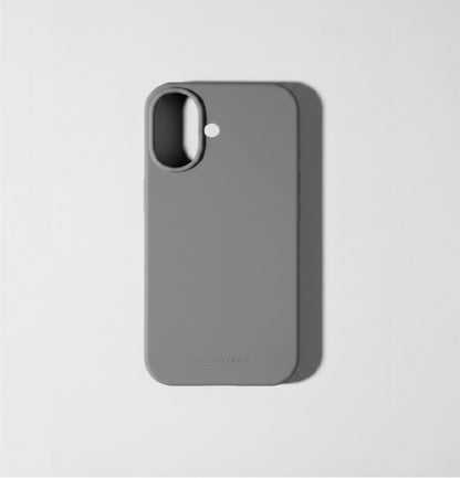 Grey liquid silicone iPhone 17 case with MagSafe charging ring