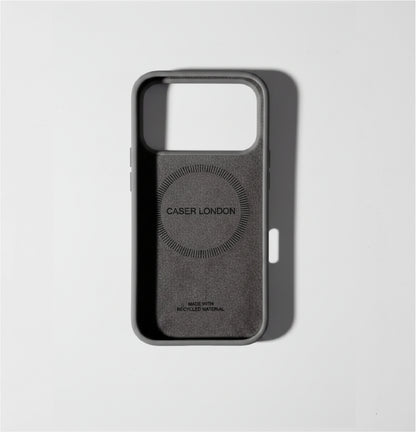Grey liquid silicone iPhone 17 pro case with MagSafe charging ring