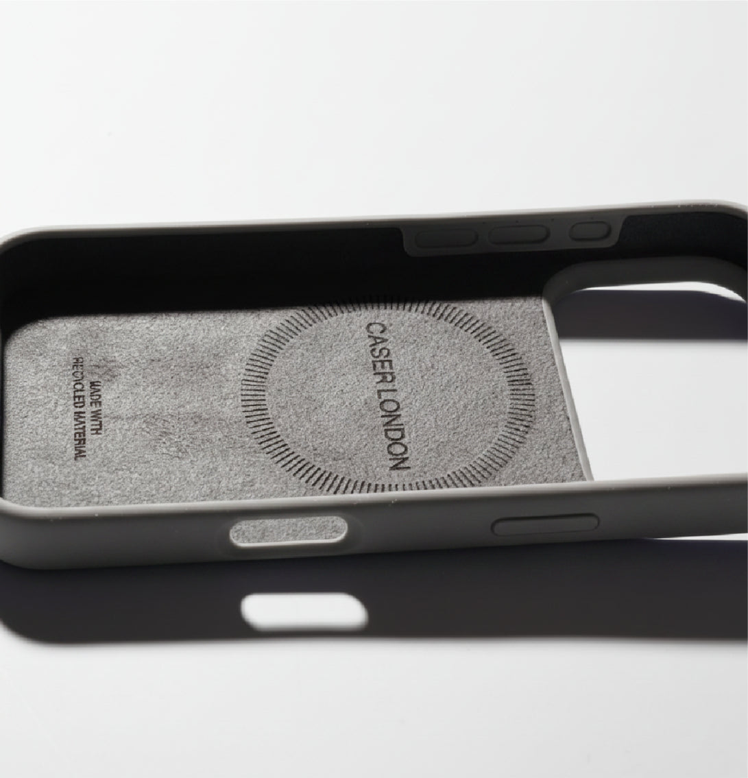 Grey liquid silicone iPhone 17 pro case with MagSafe charging ring