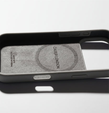 Grey liquid silicone iPhone 17 pro case with MagSafe charging ring