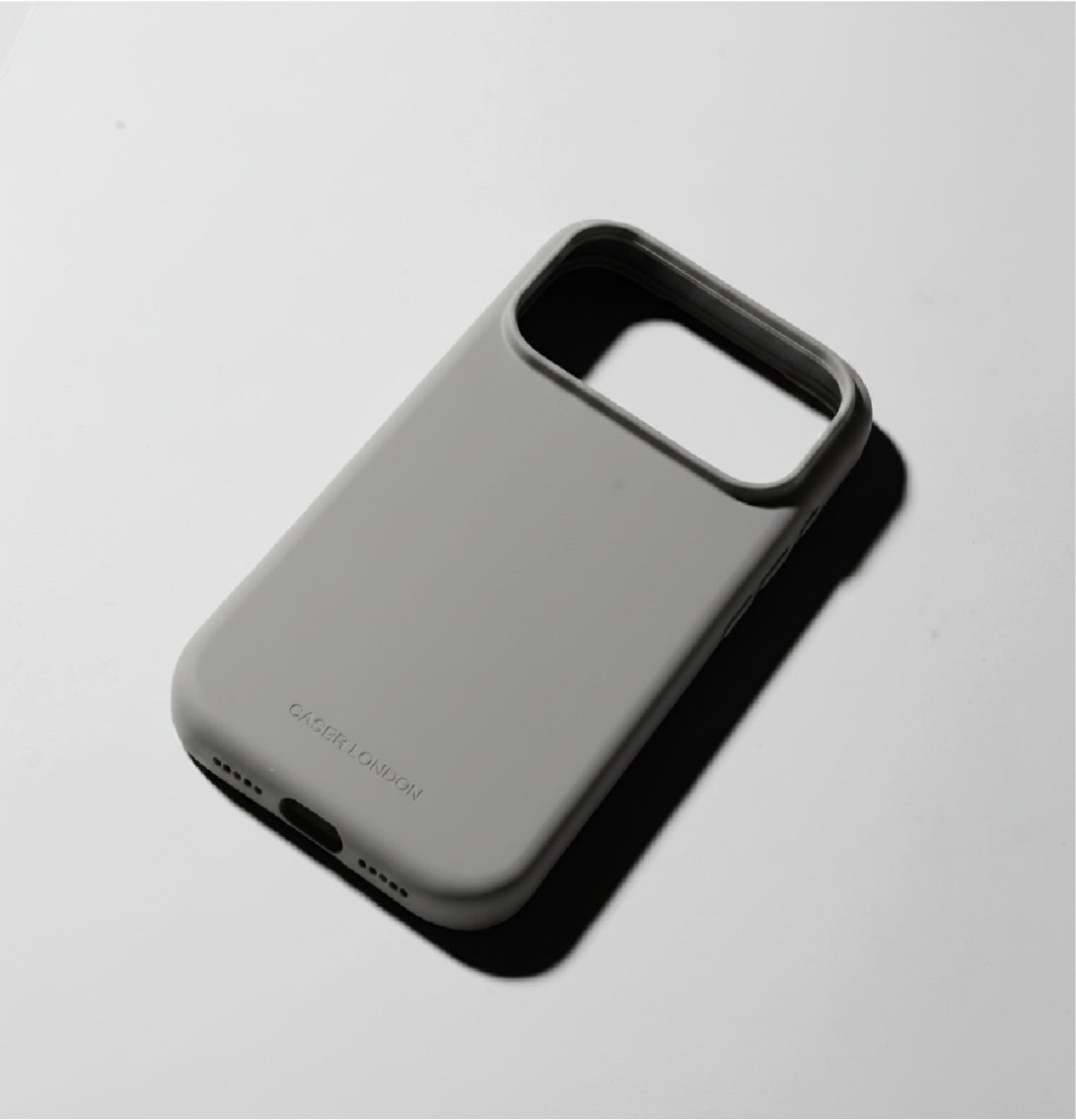 Grey liquid silicone iPhone 17 pro case with MagSafe charging ring
