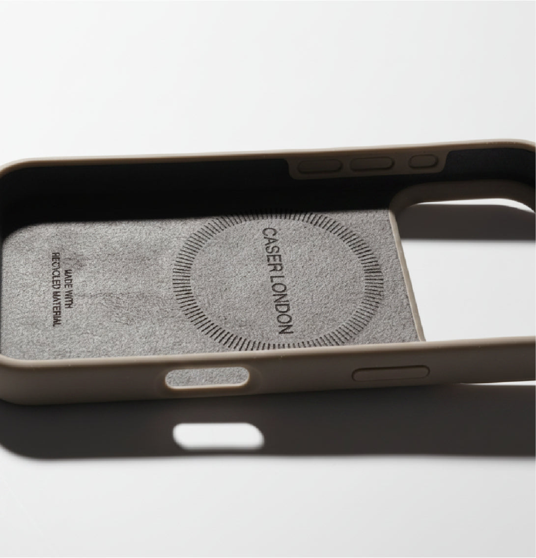 Light brown liquid silicone iPhone 17 pro case with MagSafe charging ring