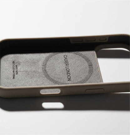 Light brown liquid silicone iPhone 17 pro case with MagSafe charging ring