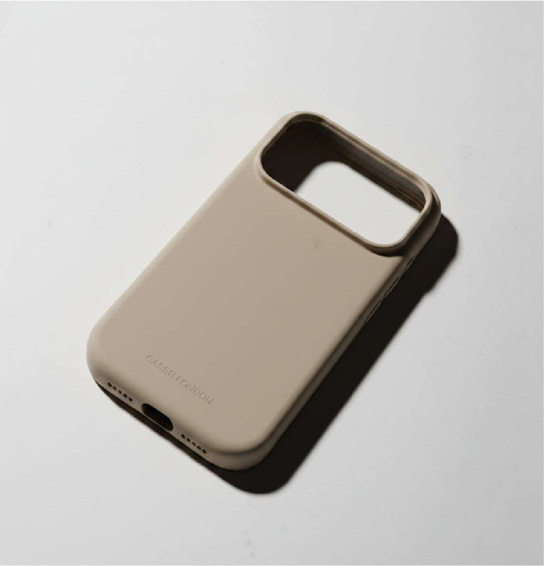 Light brown liquid silicone iPhone 17 pro case with MagSafe charging ring