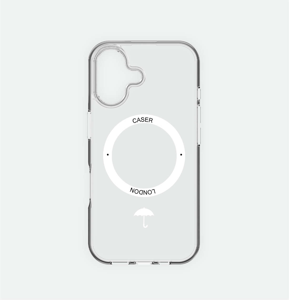 CASER LONDON clear iphone 16 case with umbrella icon and white magsafe charging ring 