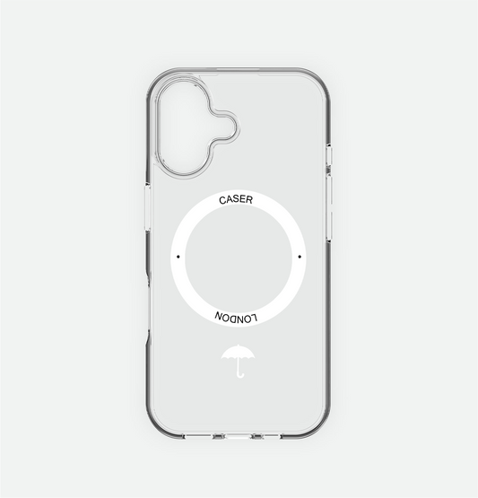 CASER LONDON clear iphone 16 case with umbrella icon and white magsafe charging ring 