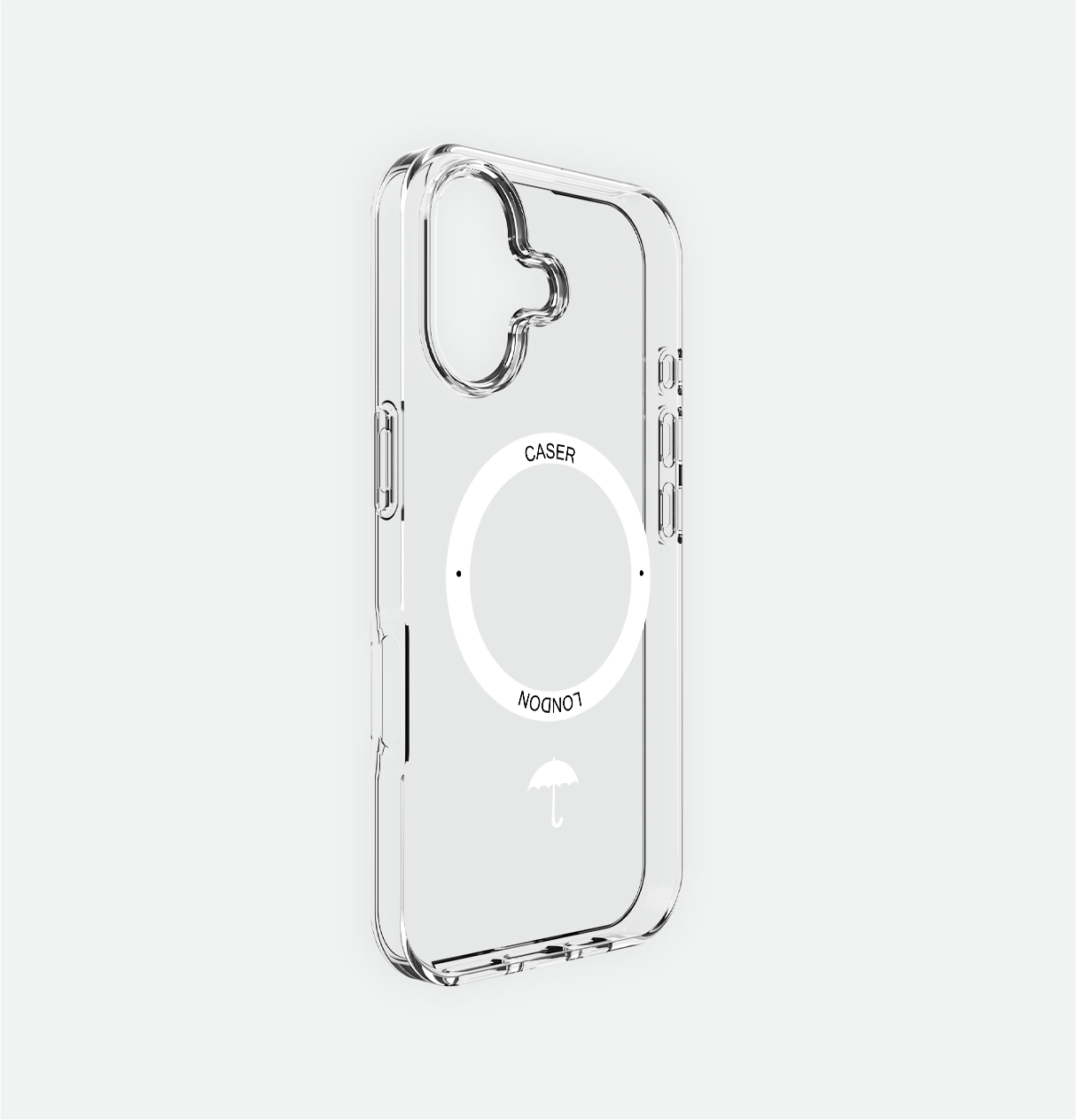 Clear iphone 16 case with umbrella icon and white magsafe charging ring 