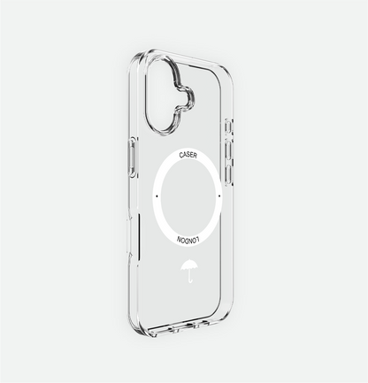 Clear iphone 16 case with umbrella icon and white magsafe charging ring 