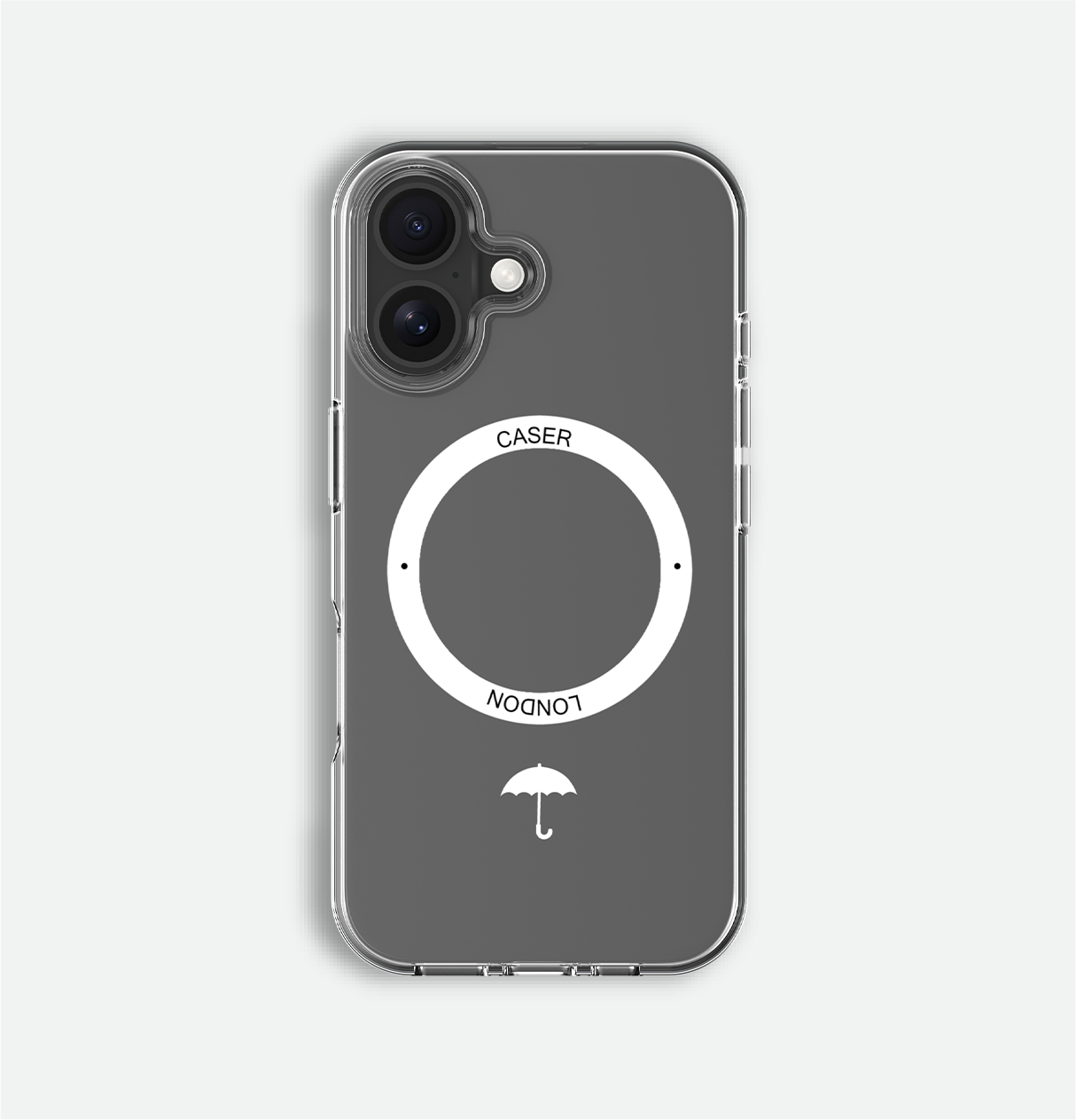Clear iphone 16 case with umbrella icon and white magsafe charging ring on iPhone 16