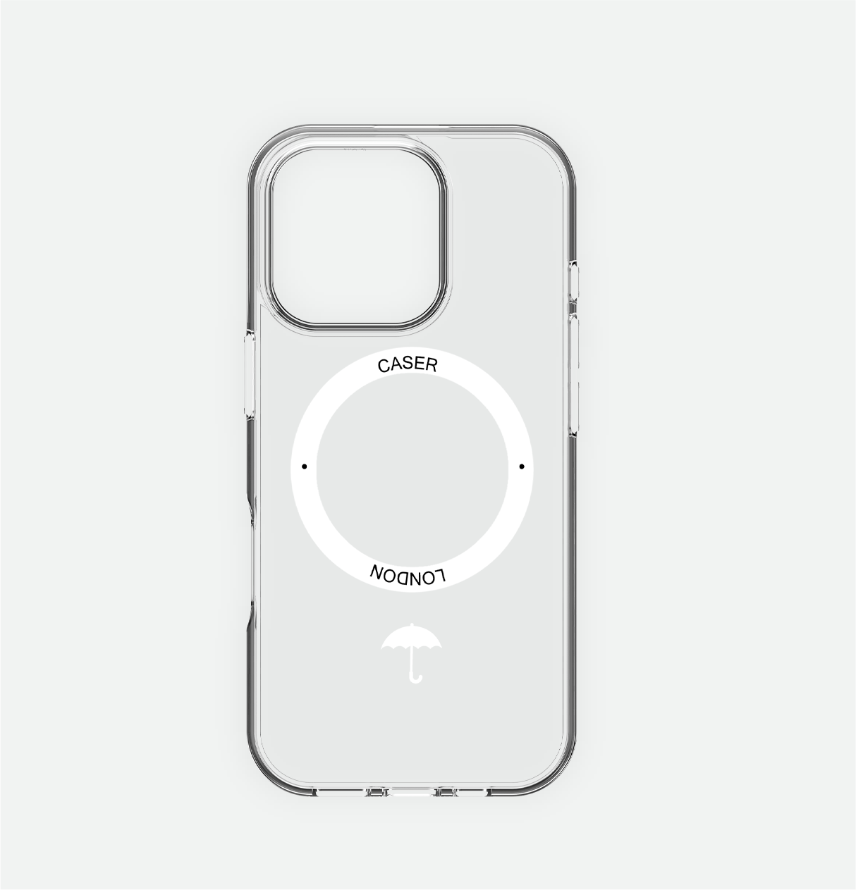 CASER LONDON clear iphone 16 pro case with umbrella icon and white magsafe charging ring 