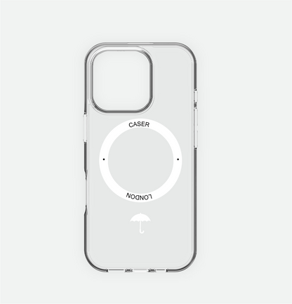 CASER LONDON clear iphone 16 pro case with umbrella icon and white magsafe charging ring 