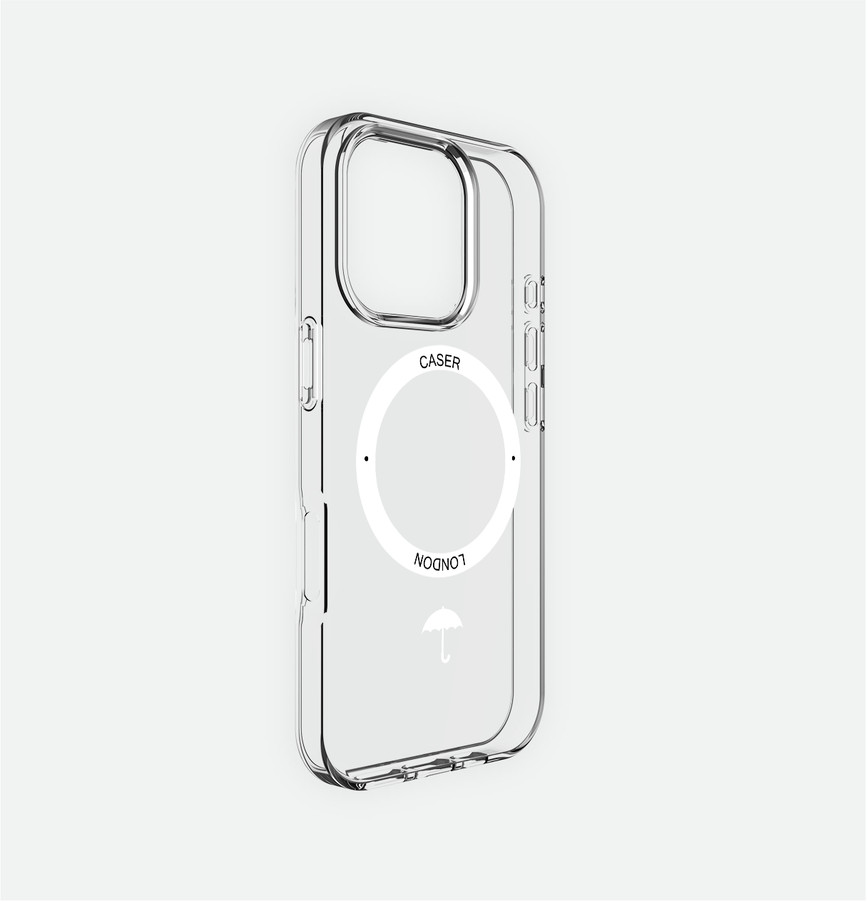 Clear iphone 16 pro case with umbrella icon and white magsafe charging ring 