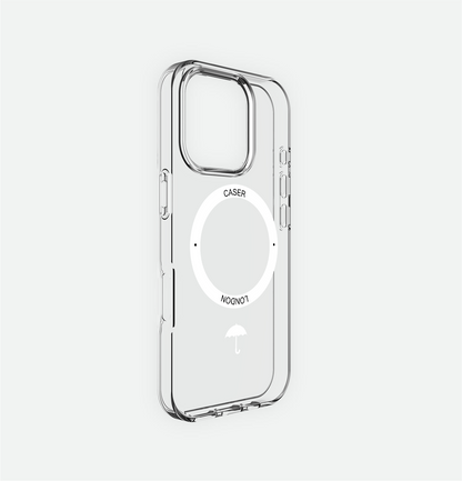 Clear iphone 16 pro case with umbrella icon and white magsafe charging ring 