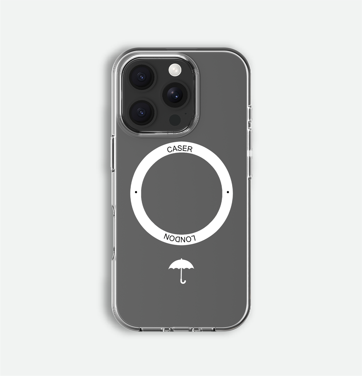 Clear iphone 16 pro case with umbrella icon and white magsafe charging ring on iPhone 16 pro