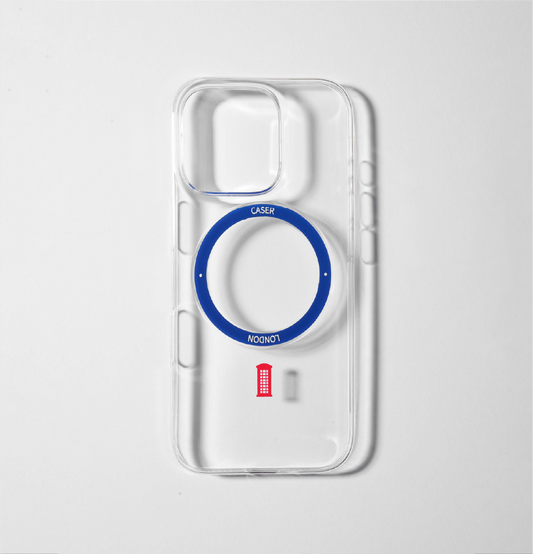 CASER LONDON ultra slim clear iphone 16 pro case with telephone box icon and blue magsafe charging ring 