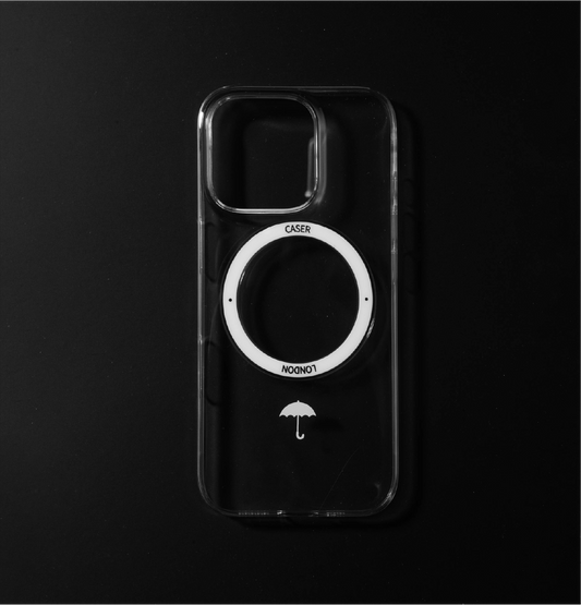 CASER LONDON ultra slim clear case with umbrella icon and white magsafe charging ring 