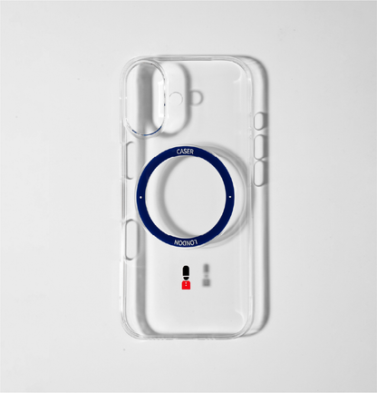 CASER LONDON clear apple iphone 17 case with guard icon and blue magsafe charging ring