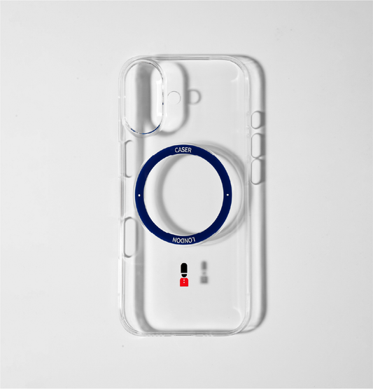 CASER LONDON clear apple iphone 17 case with guard icon and blue magsafe charging ring