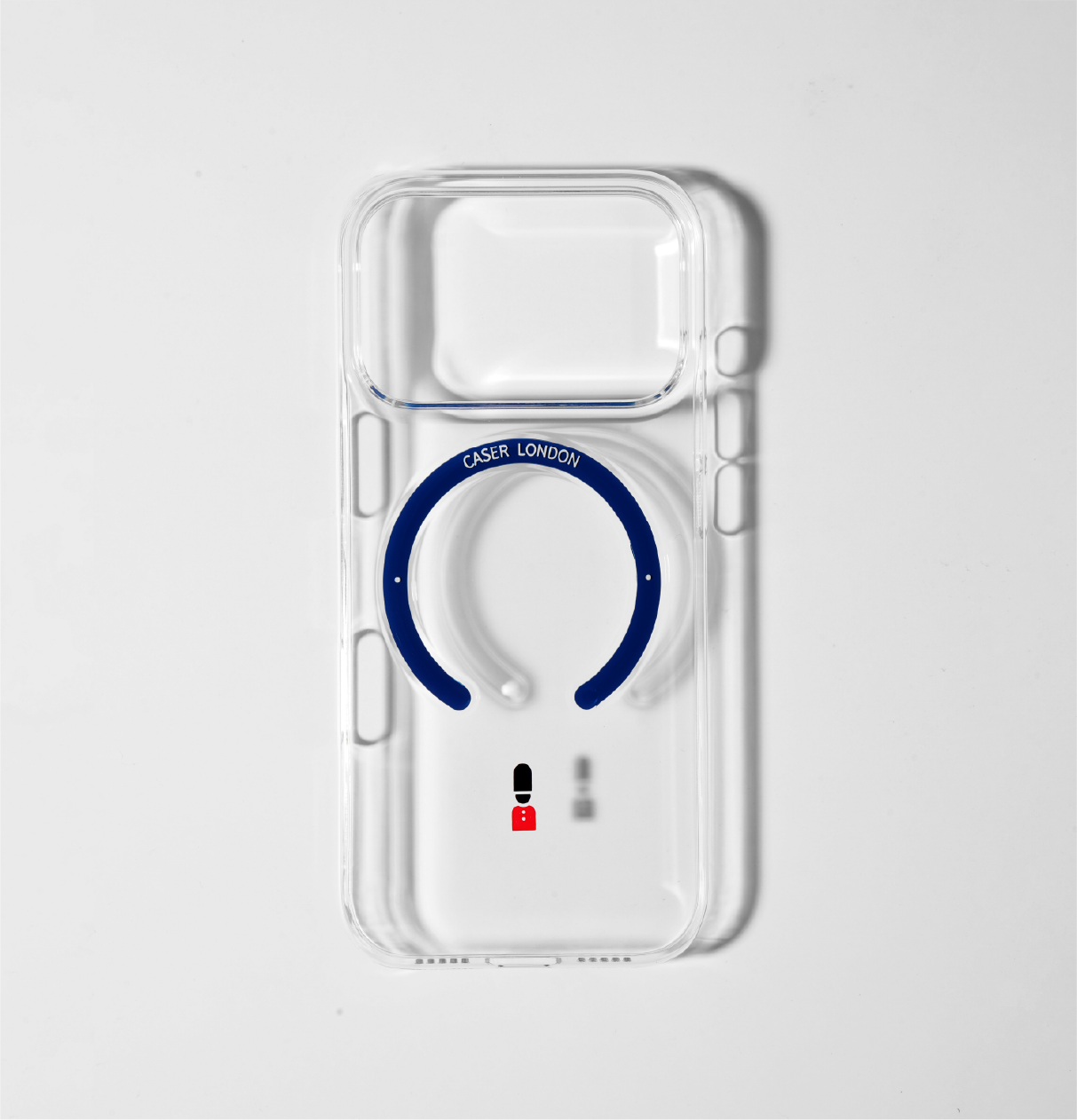 CASER LONDON clear apple iphone 17 pro case with guard icon and blue magsafe charging ring